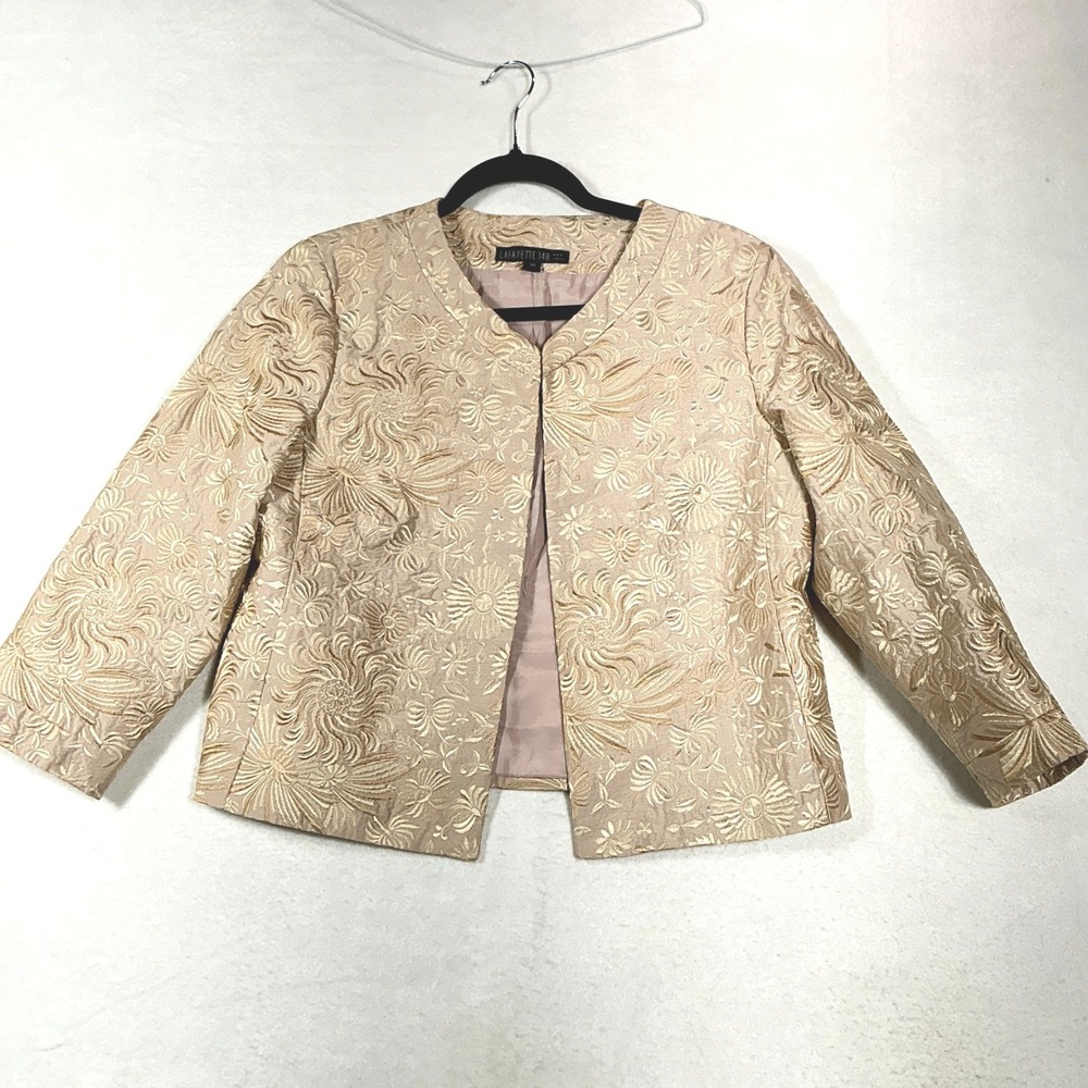 Lafayette 148 Size 10 Jacket Gold Floral Brocade Silk Blend Open Front MSRP $598